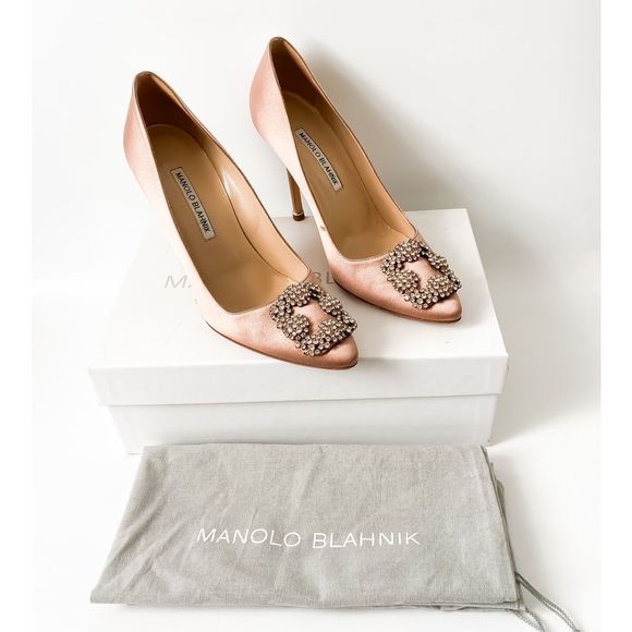Manolo Blahnik Shoes - Manolo Blahnik Hangisi 105 Pumps EU 38 US 8
Satin Nude Crystal Buckle High Heel